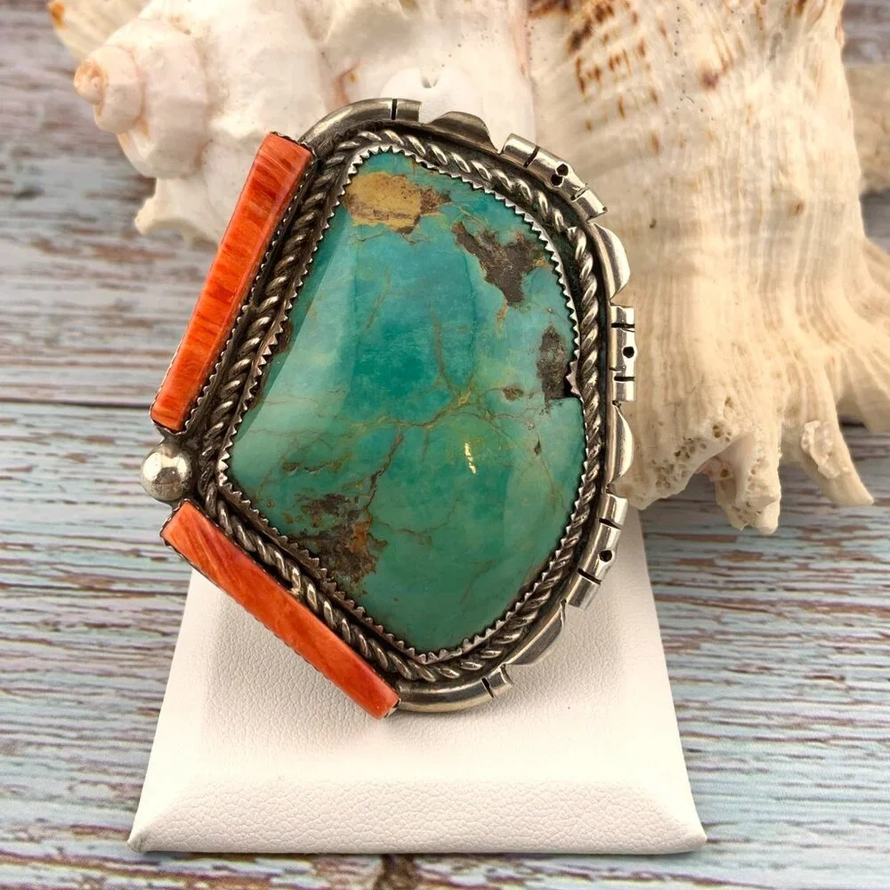Huge Turquoise & Spiny Oyster Sterling Silver Navajo Native American Vtg Ring